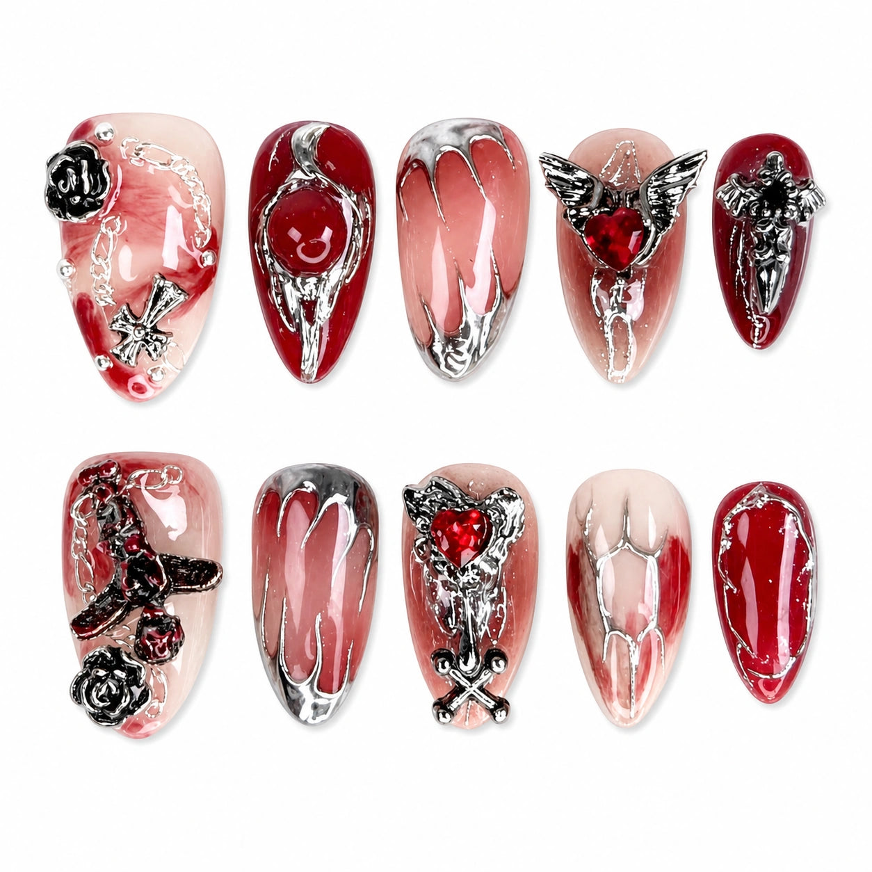 Ruby Silver Relic Almond Press On Nails | 10PCS
