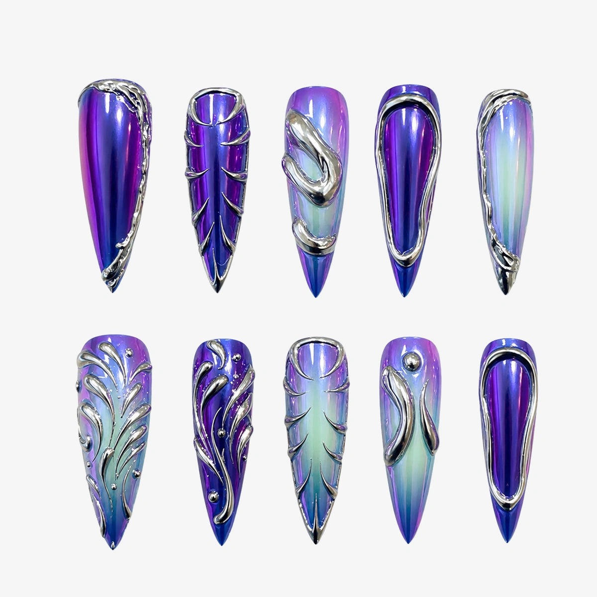 Violet Aurora Chrome Stiletto Press On Nails | 10PCS