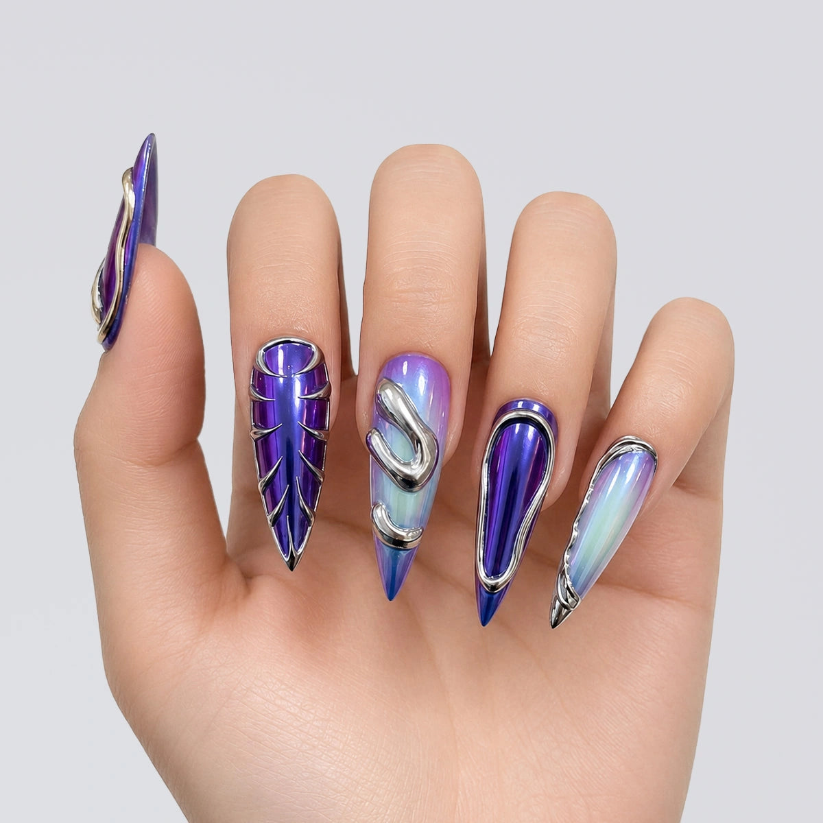 Violet Aurora Chrome Stiletto Press On Nails | 10PCS