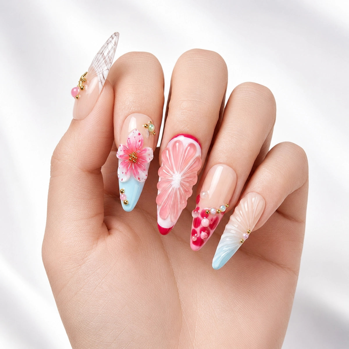 Whimsical Mermaid Blossom & Starfish Stiletto Press On Nails | 10PCS