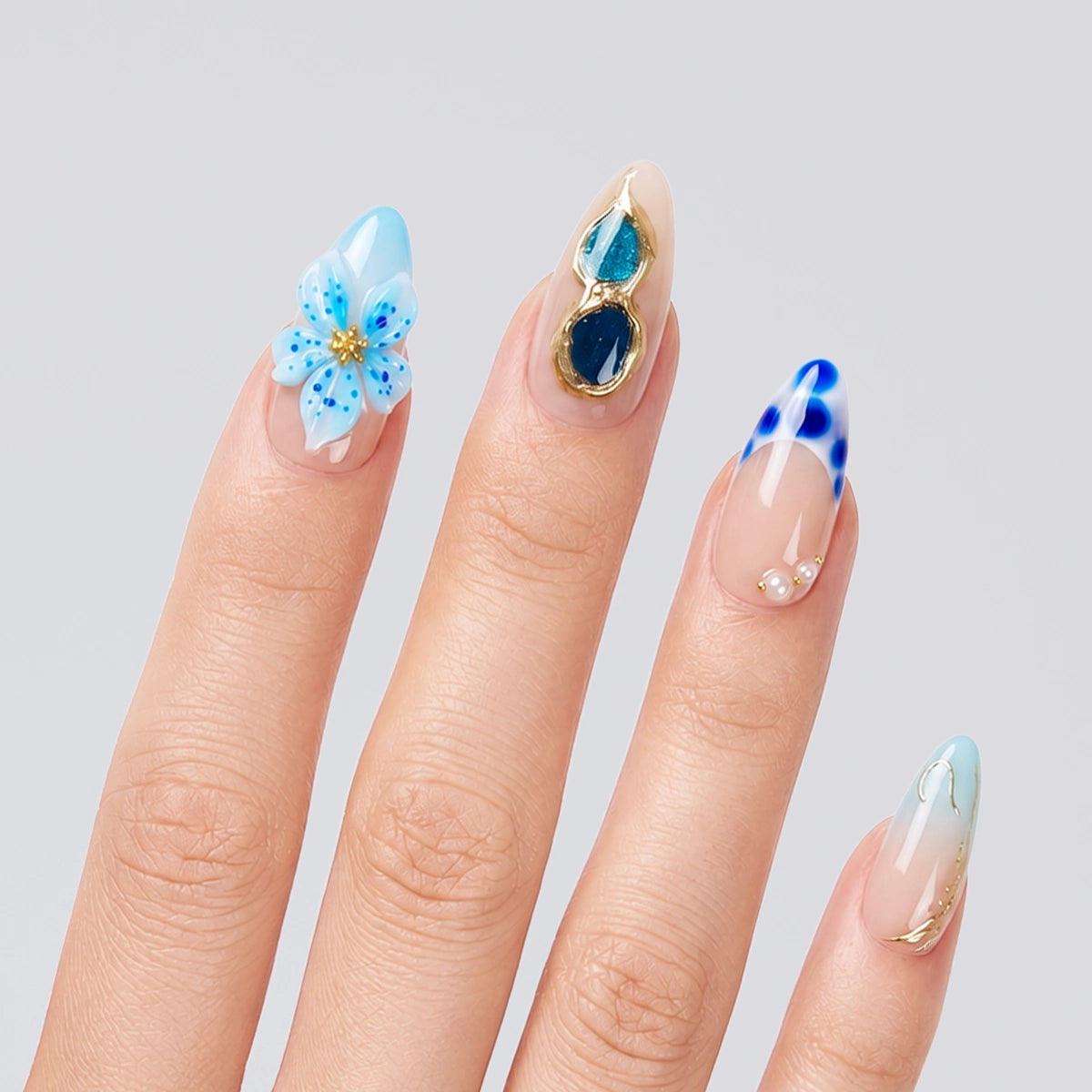 Ocean Blue Floral & Teal Gem Artisan Press On Nails | 10PCS