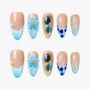 Ocean Blue Floral & Teal Gem Artisan Press On Nails | 10PCS