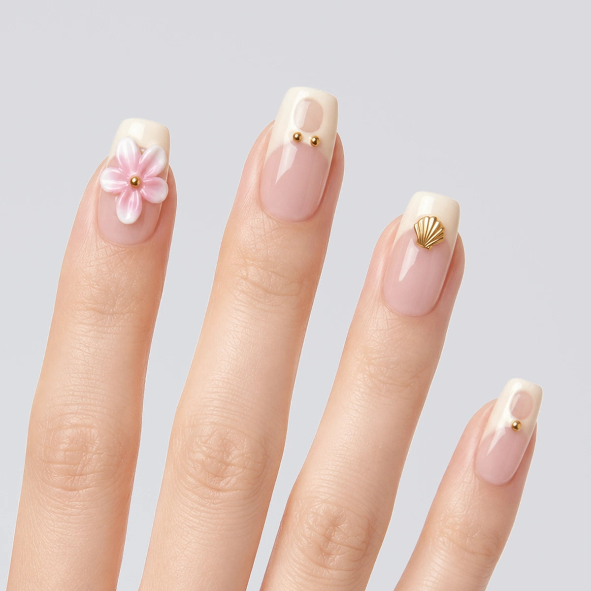 Cream French & Gold Starfish Beach Vibe Press On Nails | 10PCS