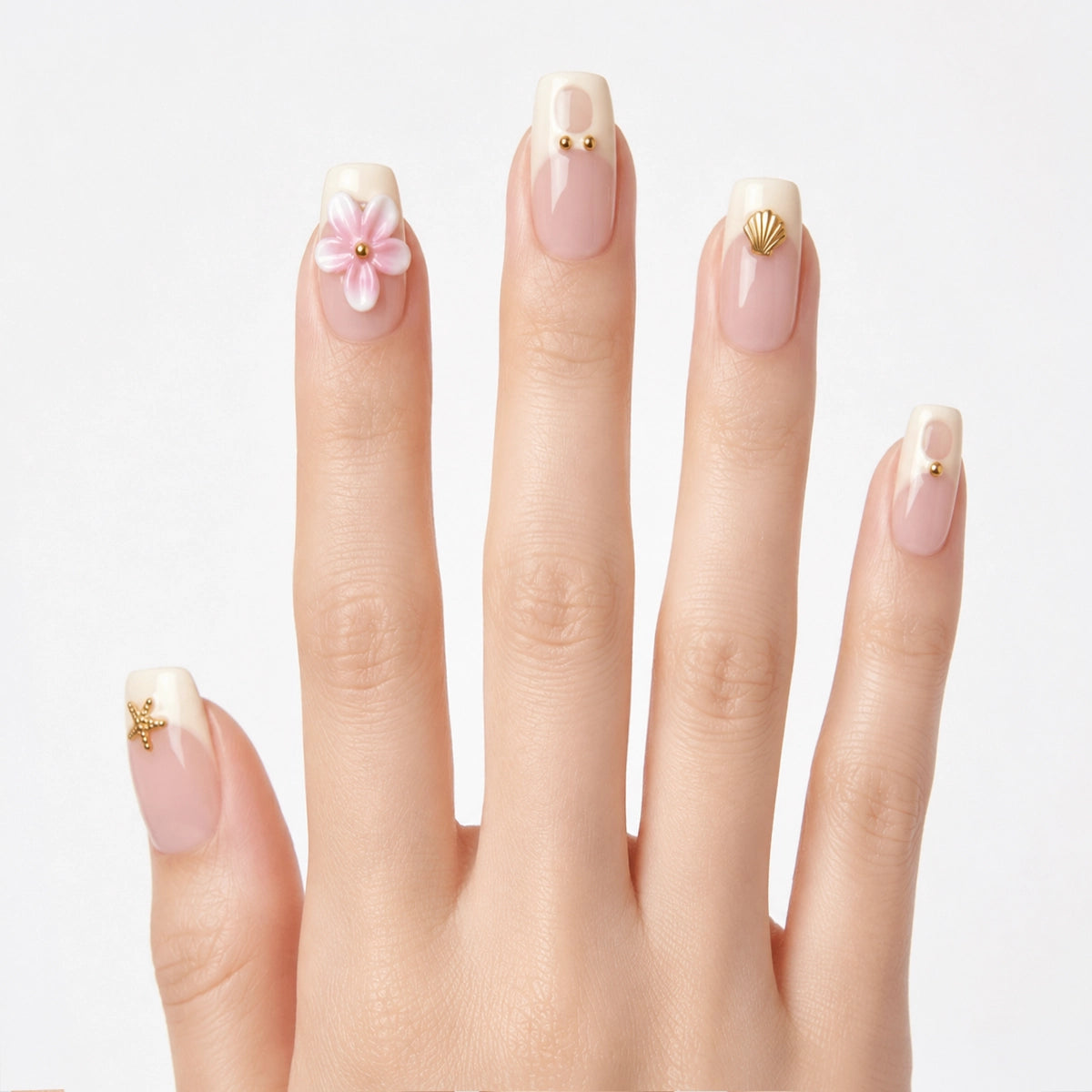 Cream French & Gold Starfish Beach Vibe Press On Nails | 10PCS