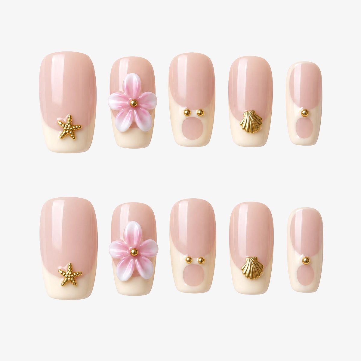 Cream French & Gold Starfish Beach Vibe Press On Nails | 10PCS