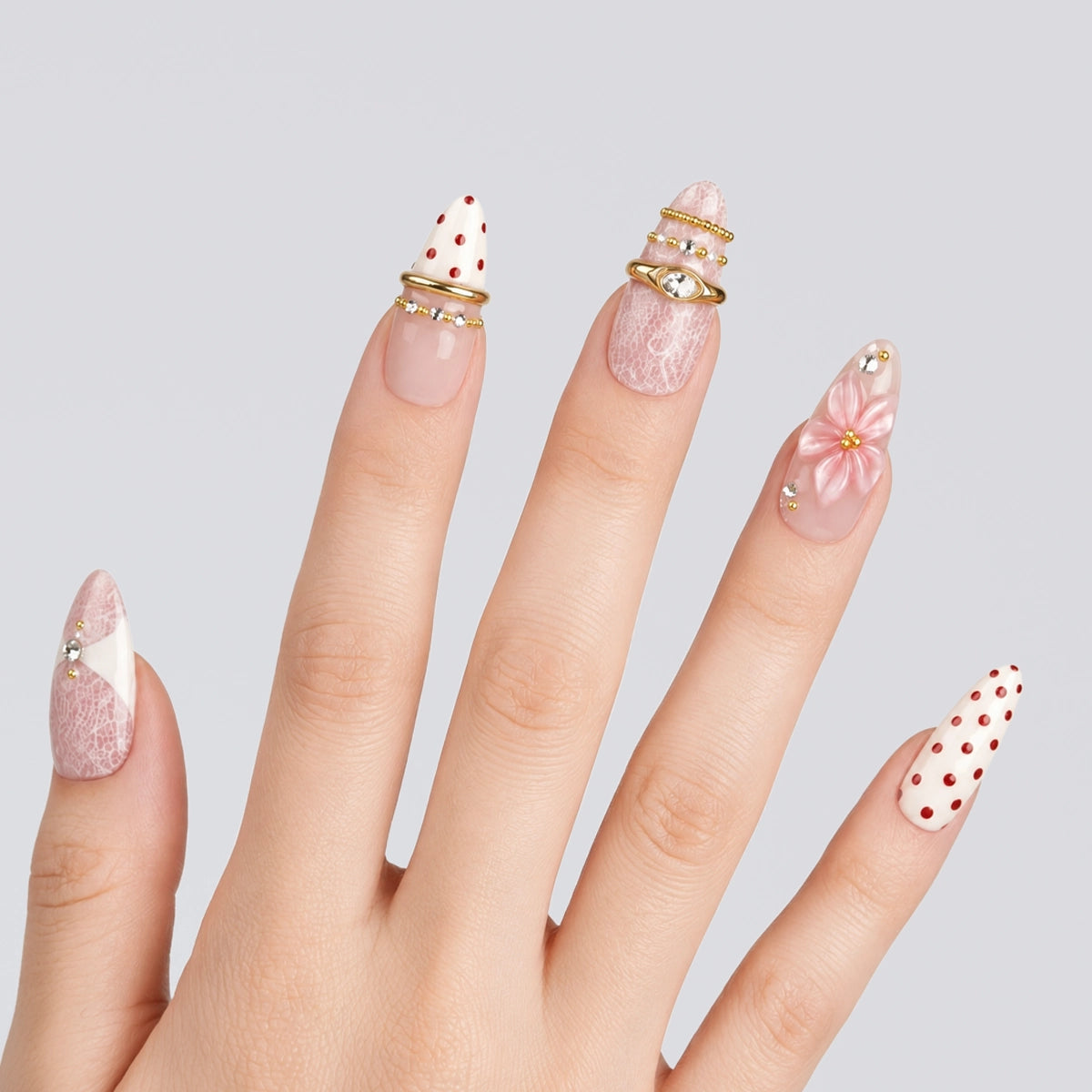 Coquette Lace & Sculpted Pink Floral Red Dot Press On Nails | 10PCS