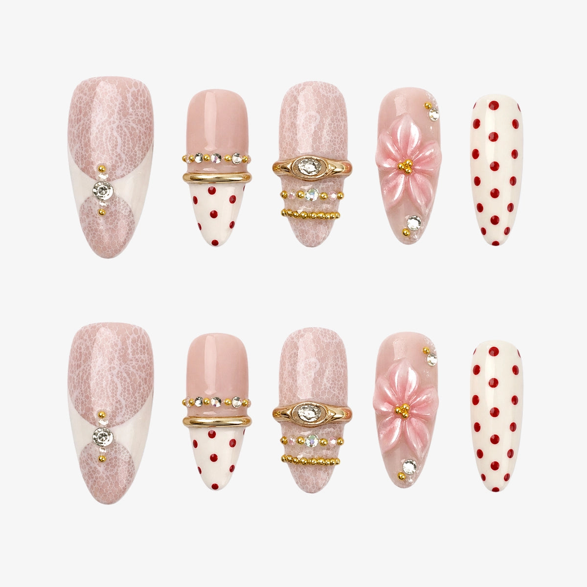 Coquette Lace & Sculpted Pink Floral Red Dot Press On Nails | 10PCS