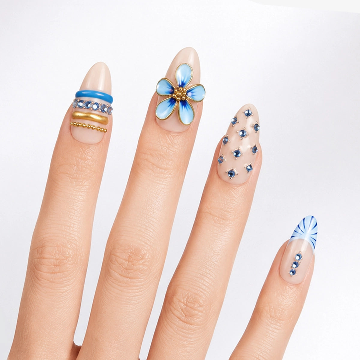 Glamorous Maximalist Royal Blue Floral & Studded Press On Nails | 10PCS
