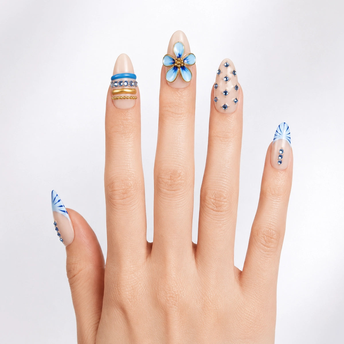 Glamorous Maximalist Royal Blue Floral & Studded Press On Nails | 10PCS