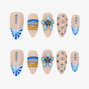 Glamorous Maximalist Royal Blue Floral & Studded Press On Nails | 10PCS