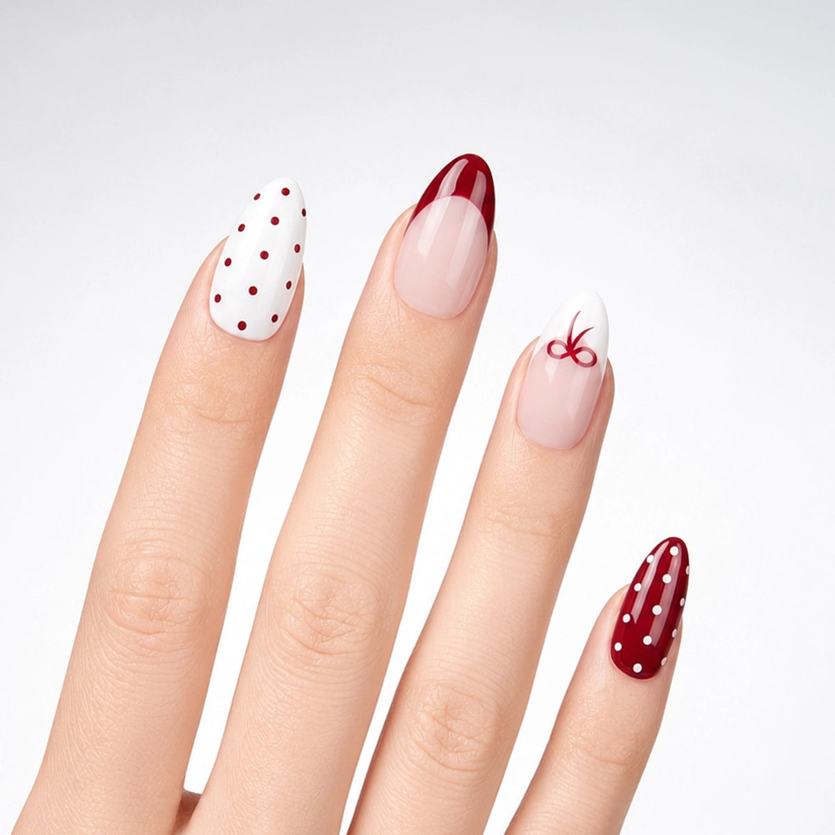 Sweet Coquette Cherry Red Bow & Polka Dot Press On Nails | 10PCS