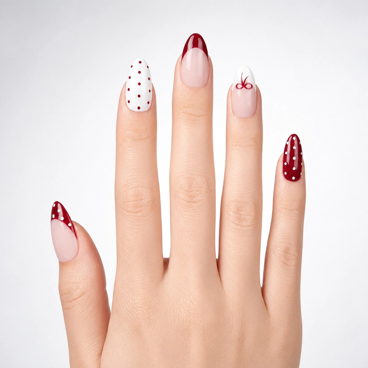 Sweet Coquette Cherry Red Bow & Polka Dot Press On Nails | 10PCS
