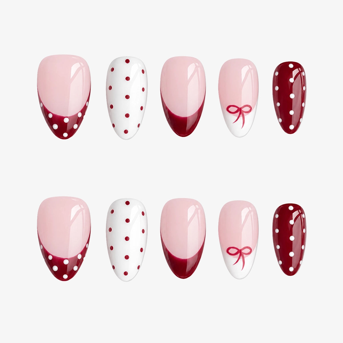 Sweet Coquette Cherry Red Bow & Polka Dot Press On Nails | 10PCS