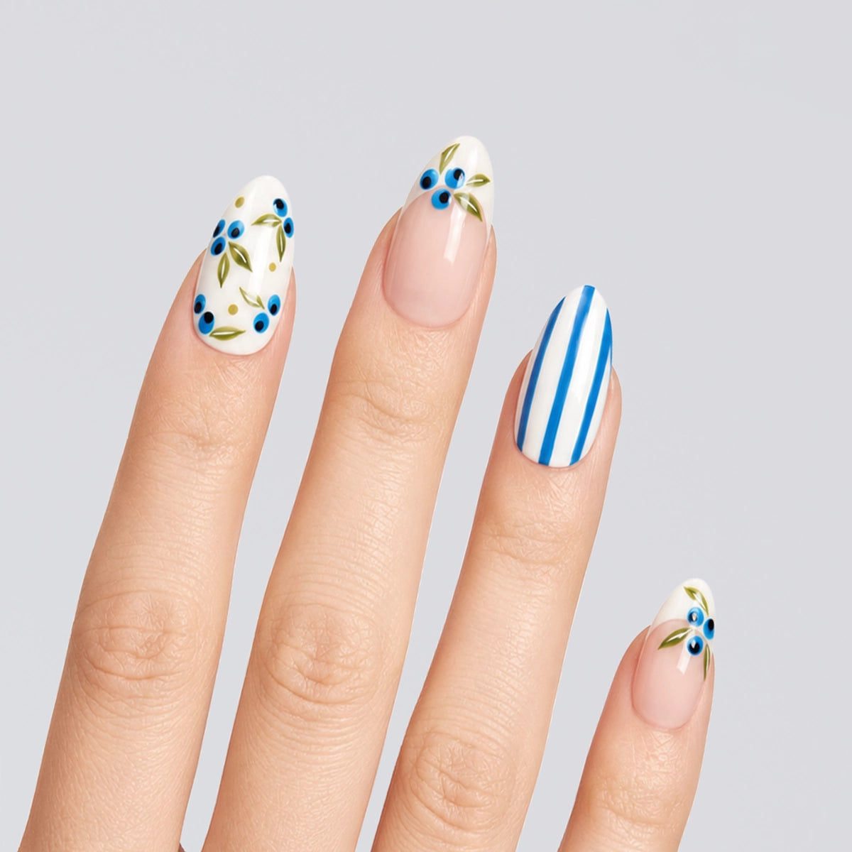Fresh Botanical Blueberry Vine & Stripe Press On Nails | 10PCS