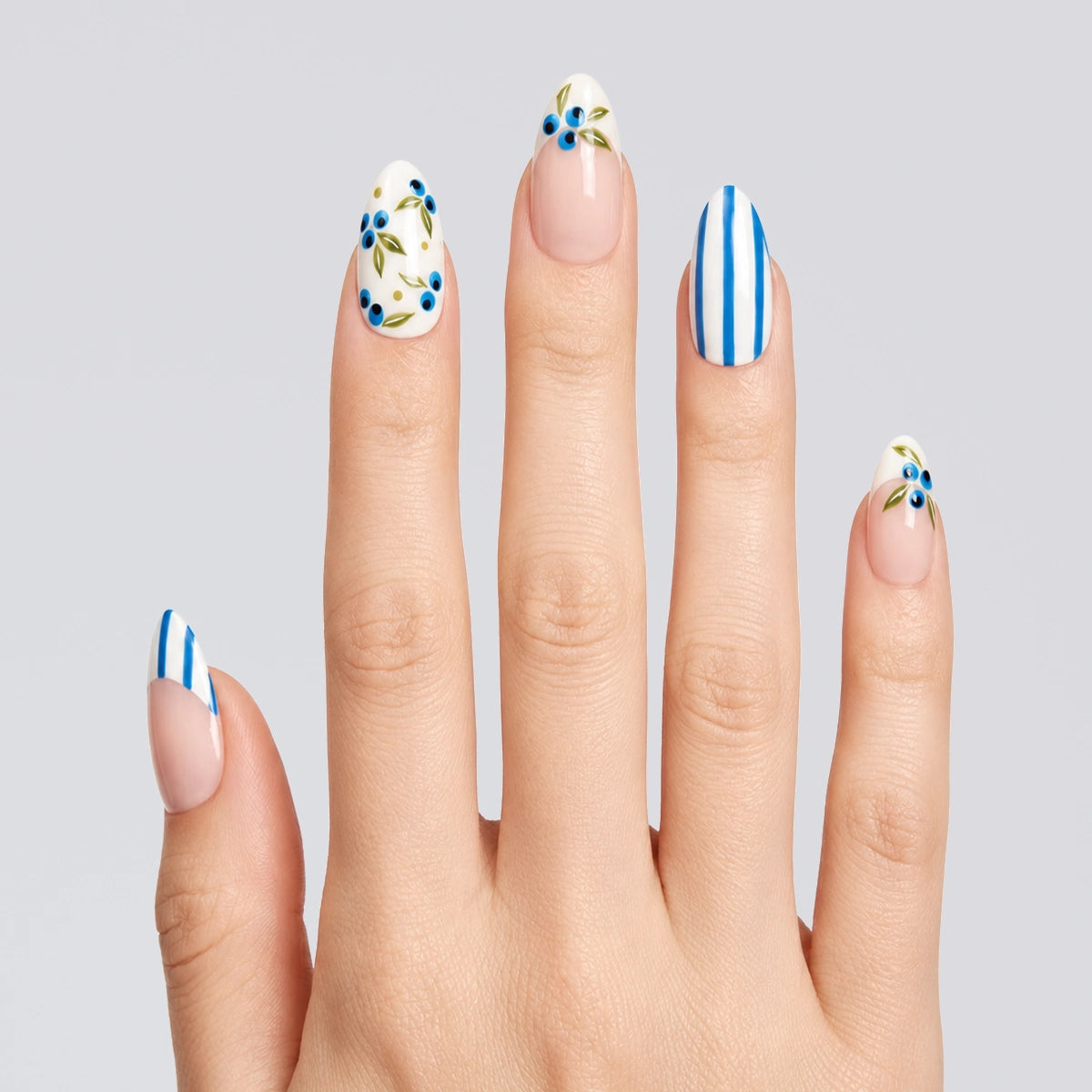 Fresh Botanical Blueberry Vine & Stripe Press On Nails | 10PCS