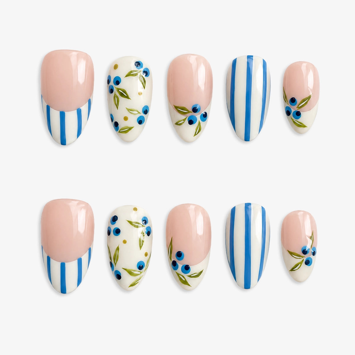 Fresh Botanical Blueberry Vine & Stripe Press On Nails | 10PCS