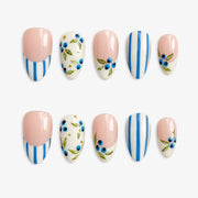 Fresh Botanical Blueberry Vine & Stripe Press On Nails | 10PCS