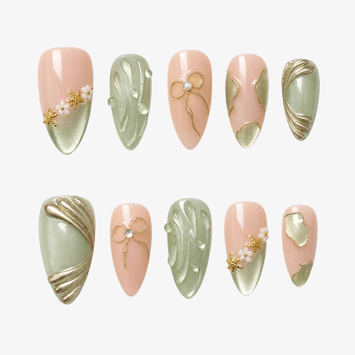 Dewy Mermaid Green Magnetic & Gold Starfish Press On Nails | 10PCS