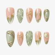 Dewy Mermaid Green Magnetic & Gold Starfish Press On Nails | 10PCS