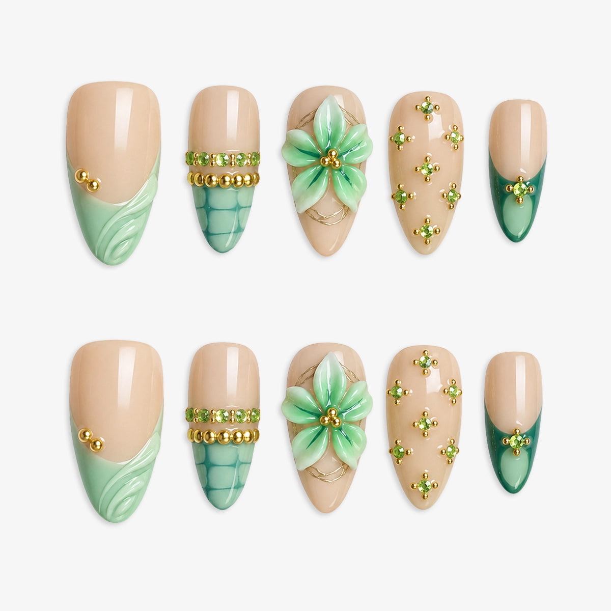 Luxurious Emerald Gem & Textured Scale Artisan Press On Nails | 10PCS