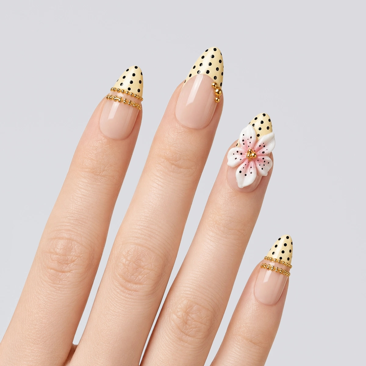 Sweetheart Spotted French & Embossed Blossom Press On Nails | 10PCS