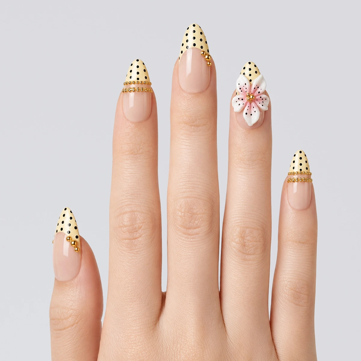 Sweetheart Spotted French & Embossed Blossom Press On Nails | 10PCS