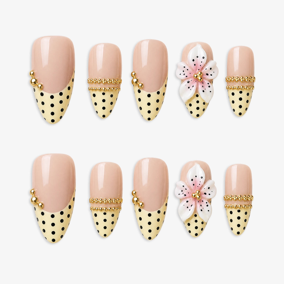 Sweetheart Spotted French & Embossed Blossom Press On Nails | 10PCS