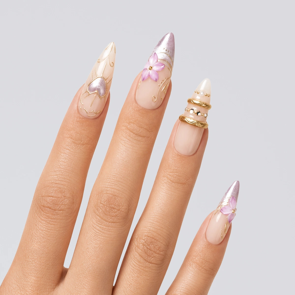 Romantic Gold Filigree & Shimmer Heart Almond Press On Nails | 10PCS