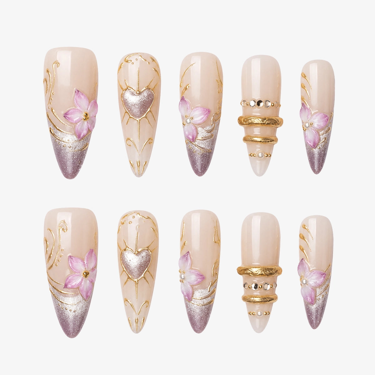 Romantic Gold Filigree & Shimmer Heart Almond Press On Nails | 10PCS