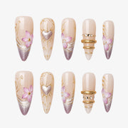 Romantic Gold Filigree & Shimmer Heart Almond Press On Nails | 10PCS