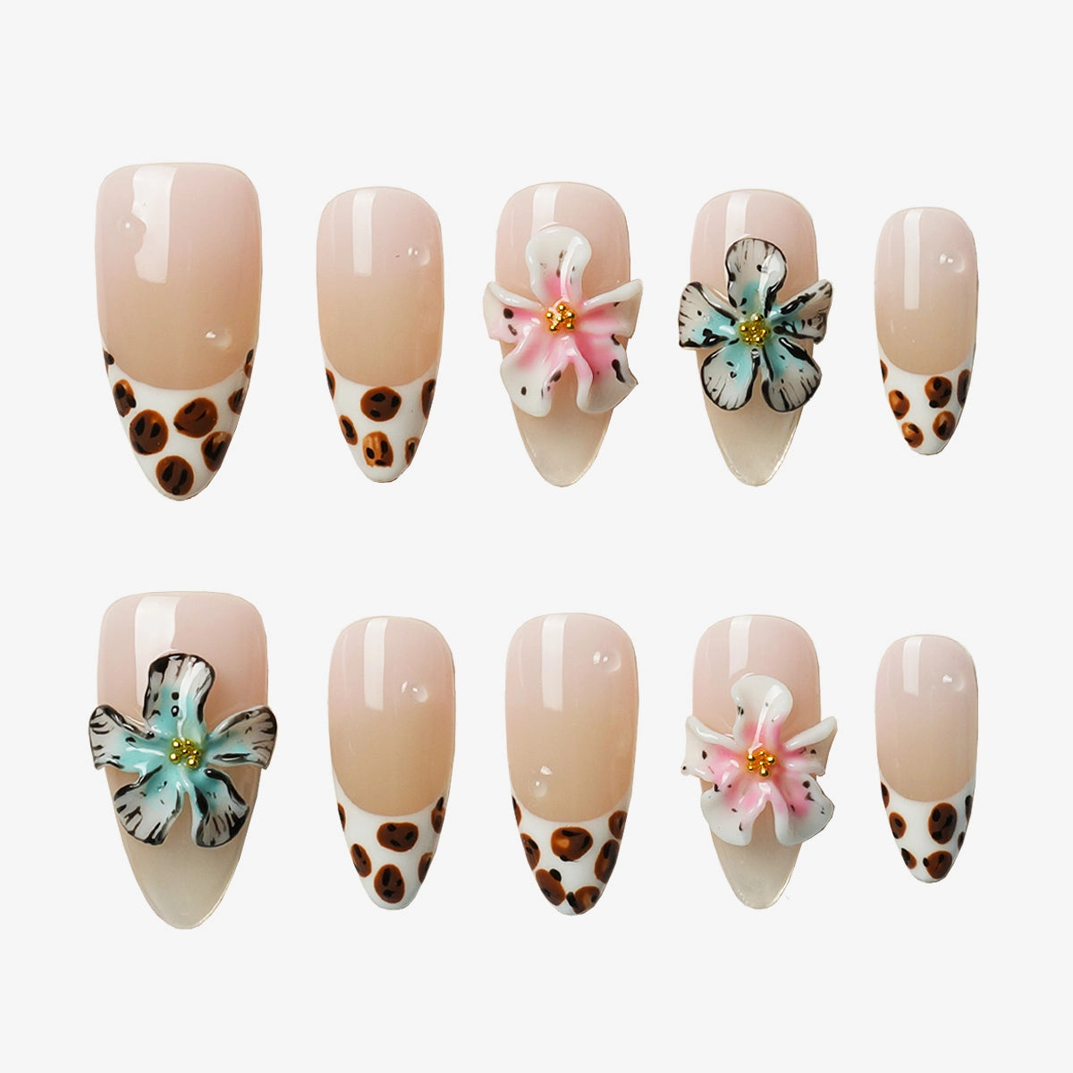 Wild Leopard French & Sculpted Floral Press On Nails | 10PCS