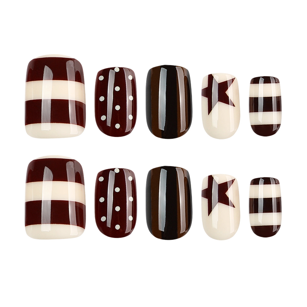 Burgundy Plaid Star Squoval Press On Nails 24PCS