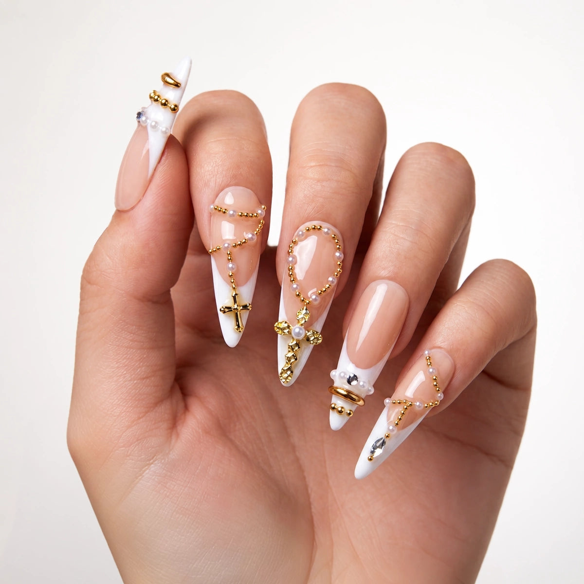Ornate Baroque Cross & Pearl Stiletto Press On Nails | 10PCS