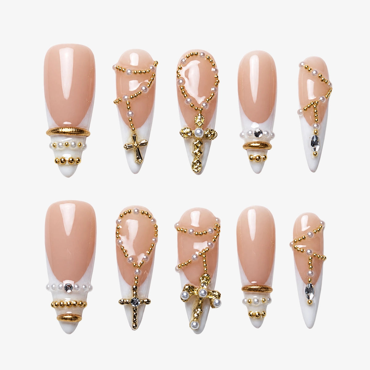 Ornate Baroque Cross & Pearl Stiletto Press On Nails | 10PCS
