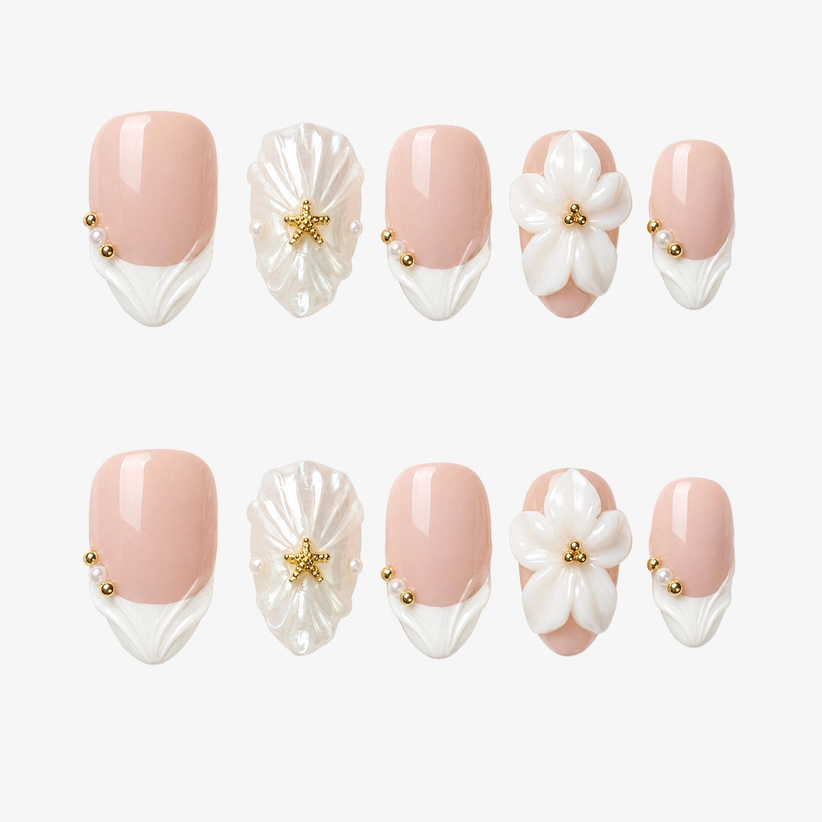 Dreamy White French Seashell Almond Press On Nails | 10PCS