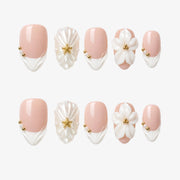 Dreamy White French Seashell Almond Press On Nails | 10PCS