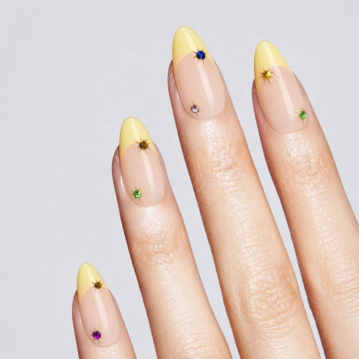 Playful Pastel Yellow French & Rainbow Gem Press On Nails | 10PCS