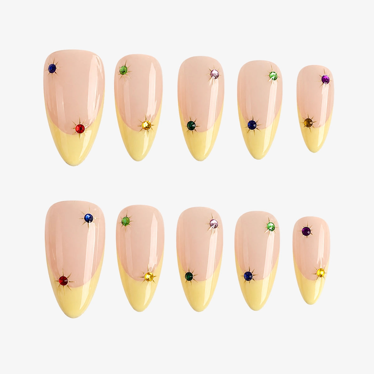 Playful Pastel Yellow French & Rainbow Gem Press On Nails | 10PCS