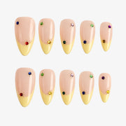 Playful Pastel Yellow French & Rainbow Gem Press On Nails | 10PCS
